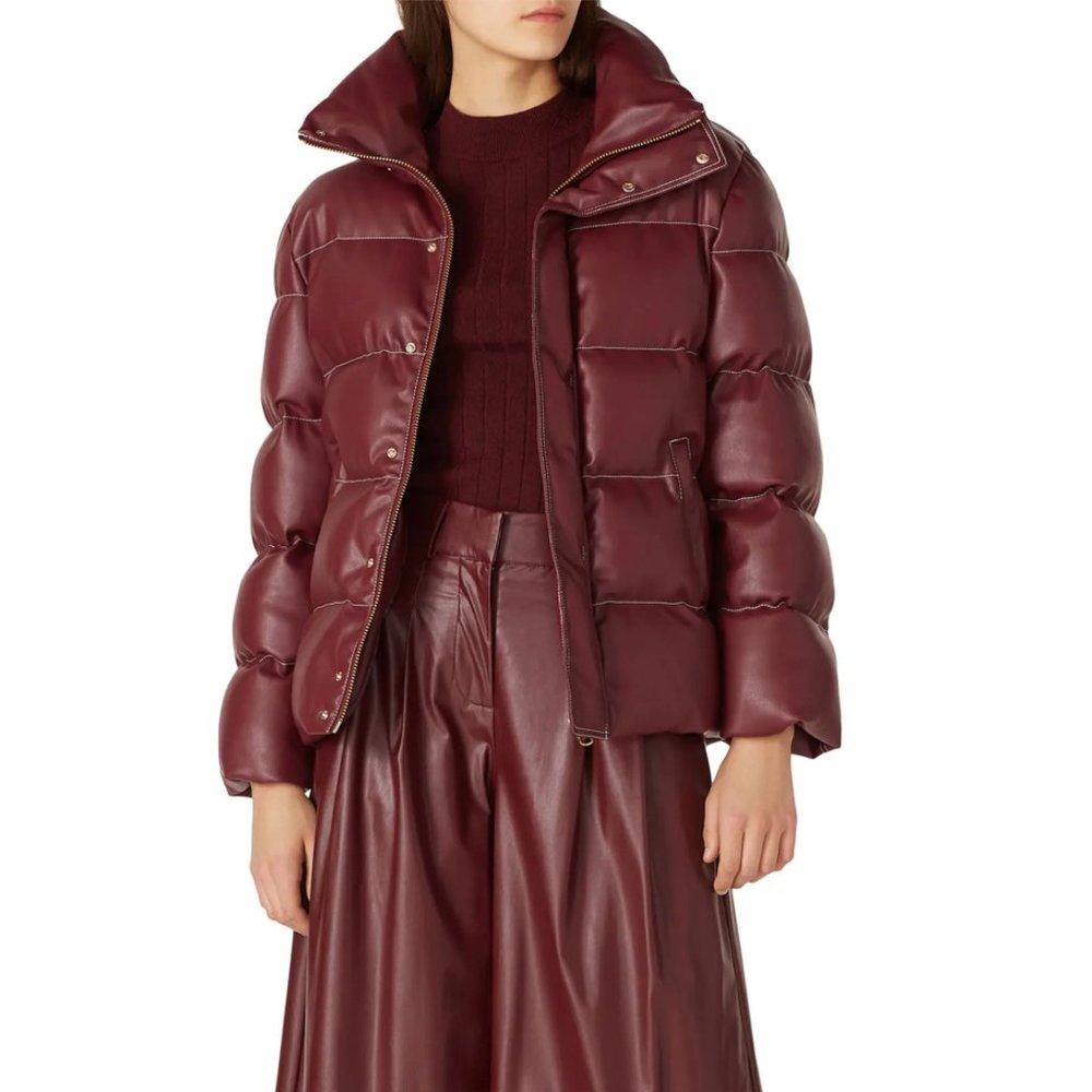STAUD Ace Vegan Leather Puffer Jacket Bordeaux in Burgundy Size Small